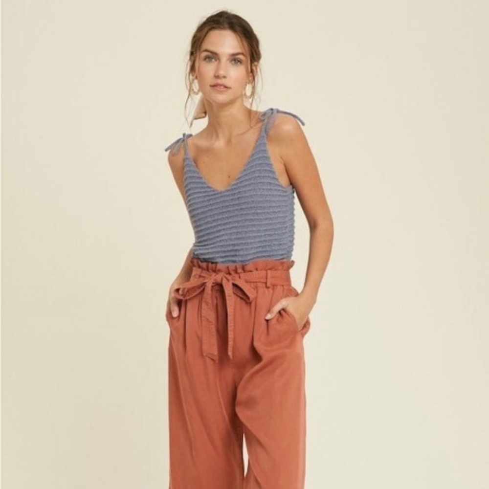 Dusty Blue Knit Tie Strap Tank Top